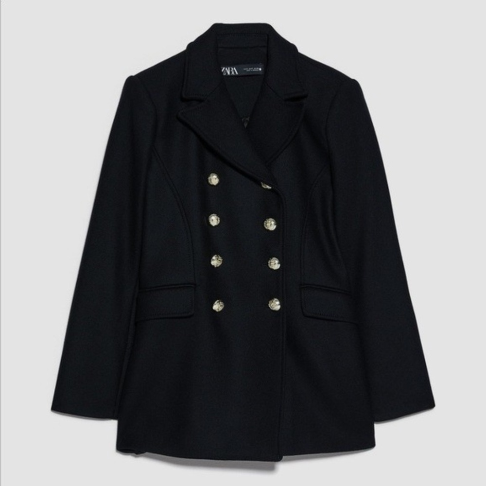 ZARA MANTECO WOOL DOUBLE BREASTED MILITARY PEA COAT BLACK GOLD BUTTONS SMALL EUC